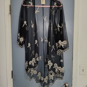 Sheer Black Kimono with White Floral Embroidery